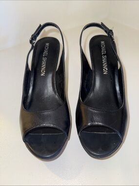 Michael Shannon Black Leather Peep-Toe Slingback Heels